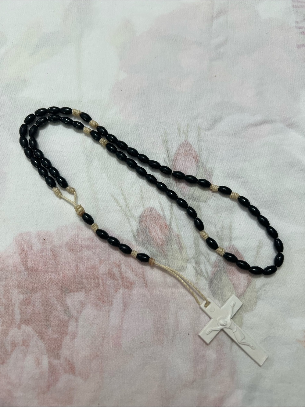 Black Plastic Rosary Beads with White Crucifix Cross Necklace 22”